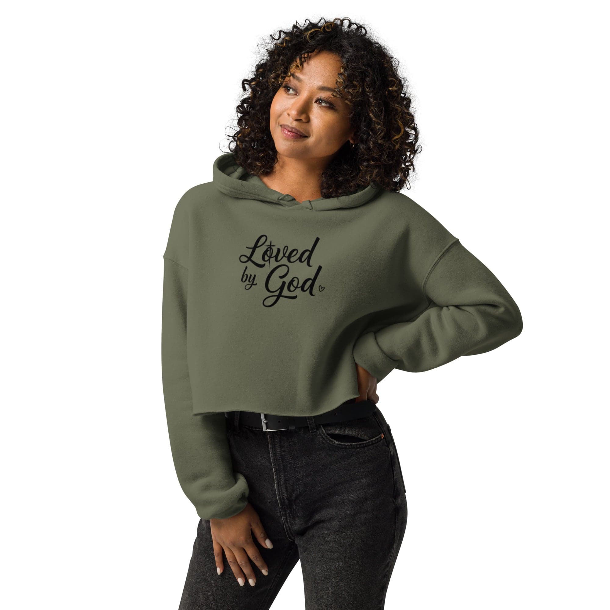 Loved by God Crop Hoodie | Military Green Faith Streetwear | Sister Style